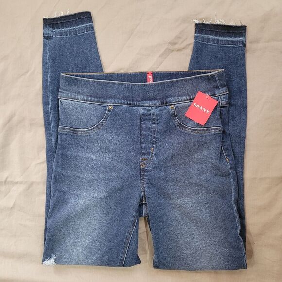Spanx size small Blue Distress Denim Ankle Skinny Legging Medium Wash jeans NWT - Picture 2 of 10
